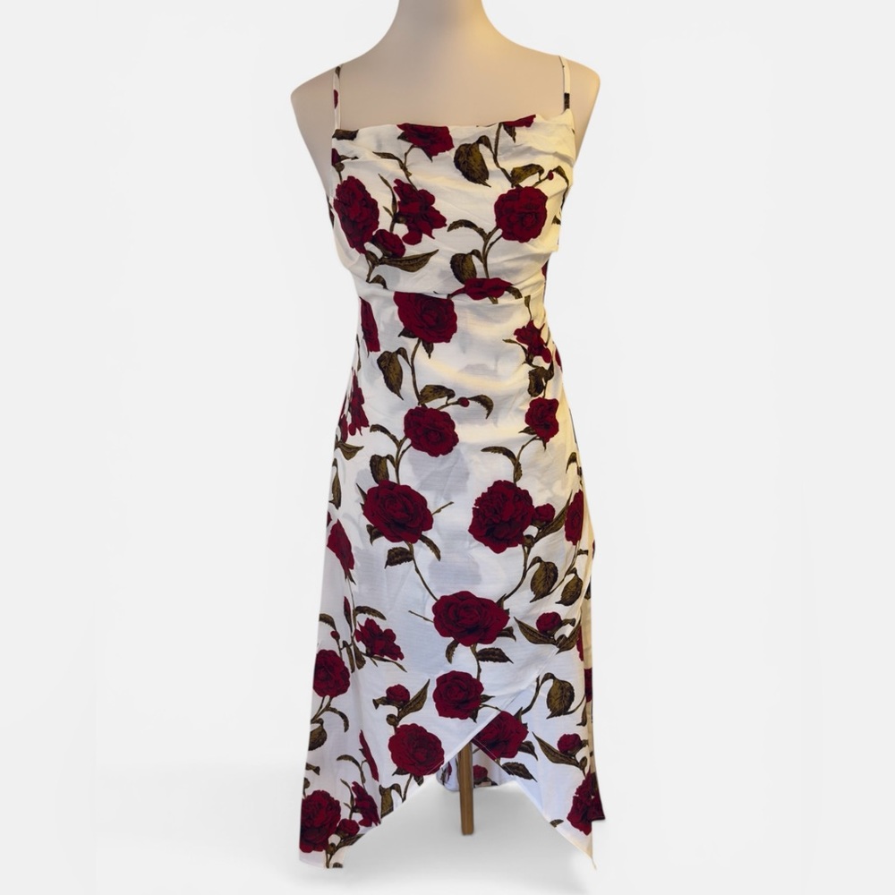 White Floral Midi Dress with Red Rose Print
